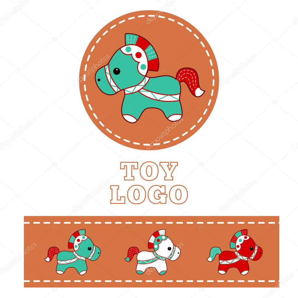 Toy shop logo - cute cartoon colorful pony horse label, vector illustration.