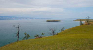 Yeşil göl kıyısına ve bulutlu gökyüzüne sahip güzel manzara