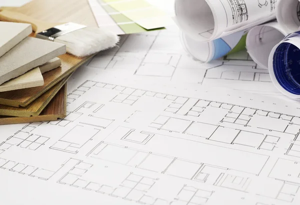 Blueprints and construction materials — Stock Photo, Image