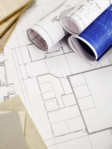 Renovation blueprints and construction materials — Stock Photo, Image