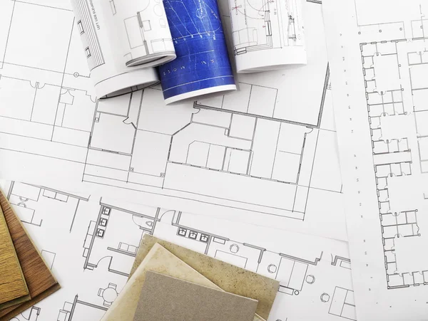 Blueprints and construction materials — Stock Photo, Image