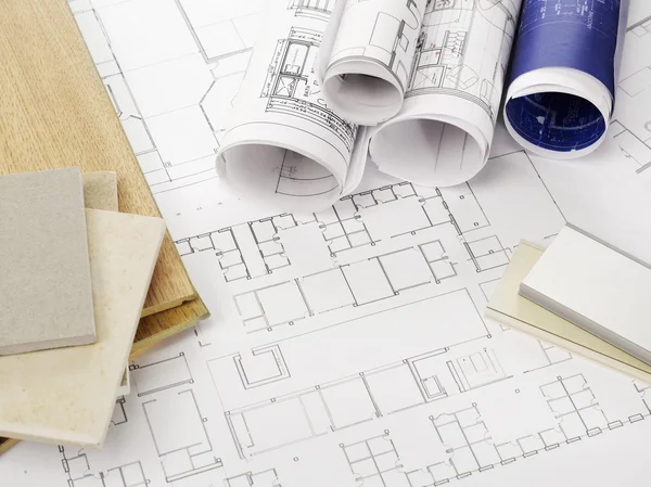 Blueprints and construction materials — Stock Photo, Image