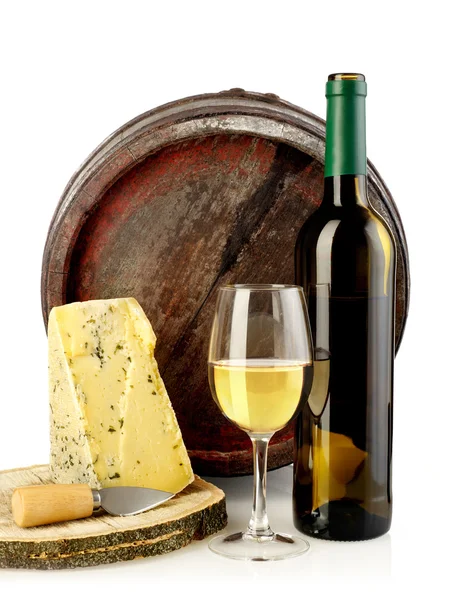 Wine, cheese and barrel — Stock Photo, Image