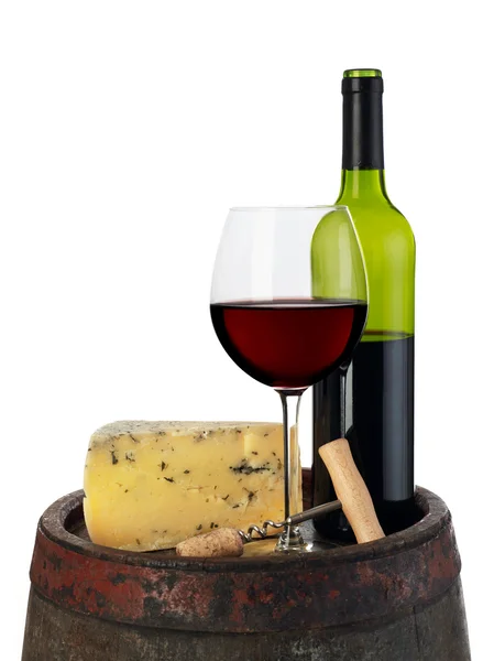 Wine and cheese on barrel — Stock Photo, Image