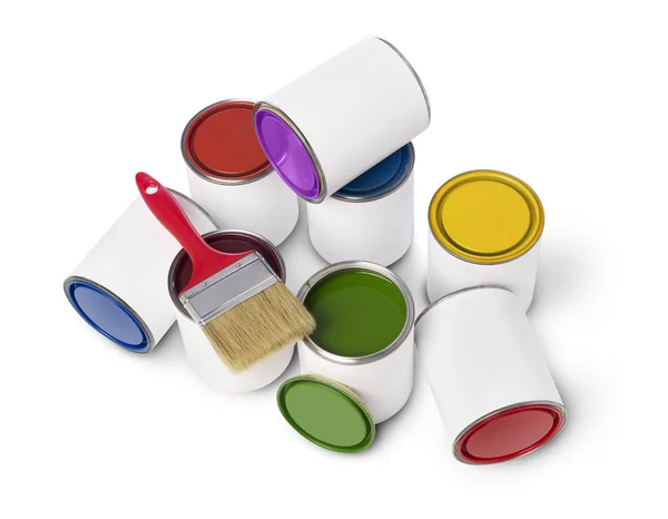 Paint cans and paintbrush — Stock Photo, Image