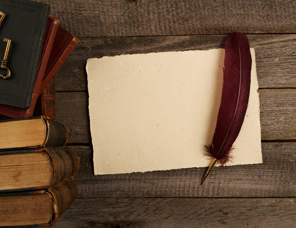 Página antigua en blanco, pluma de pluma y libros — Foto de Stock