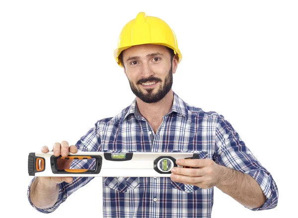 Handyman with level — Stock Photo, Image