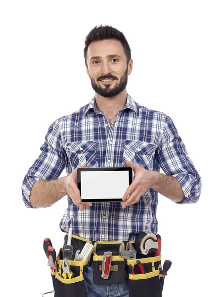 Carpenter with tablet — Stock Photo, Image