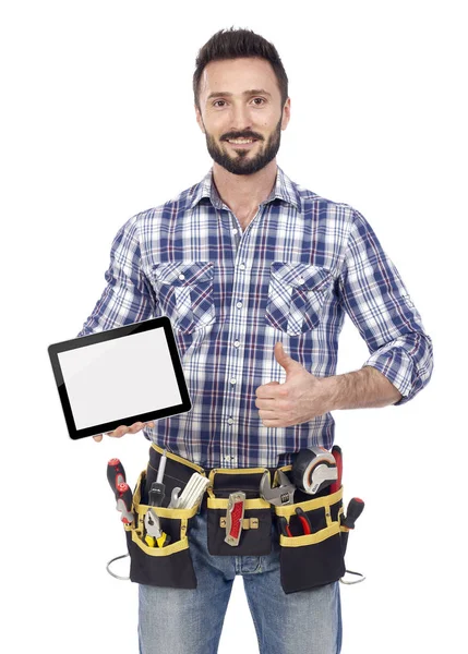 Carpenter showing tablet — Stock Photo, Image