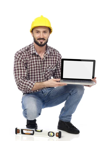 Laptop ile marangoz — Stok fotoğraf