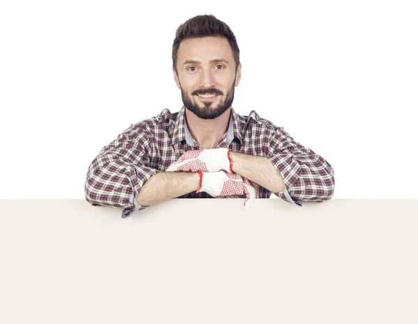 Handyman with blank board — Stock Photo, Image