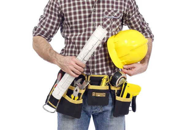 Crapenter con cinturón de herramientas y planos — Foto de Stock