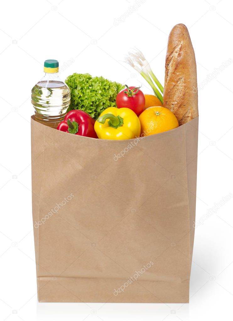 Brown paper bag full with groceries