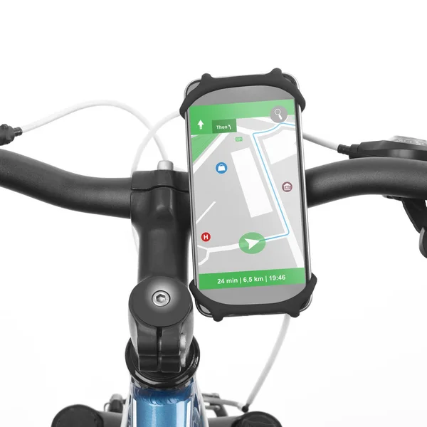 Mobiltelefon med navigering på cykel — Stockfoto
