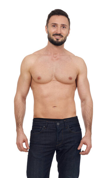 Shirtless man on white