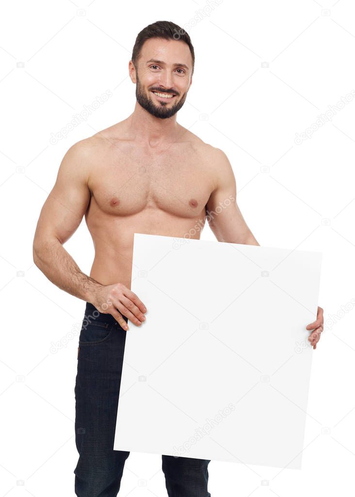Shirtless man with banner