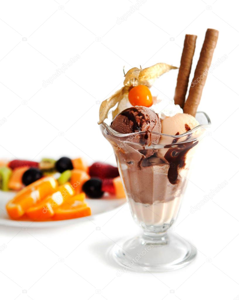 Chocolate ice cream with fruits