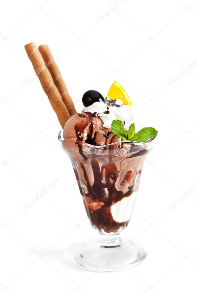 Chocolate ice cream on white