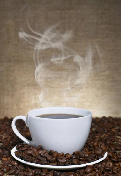 Café caliente en granos de café —  Fotos de Stock