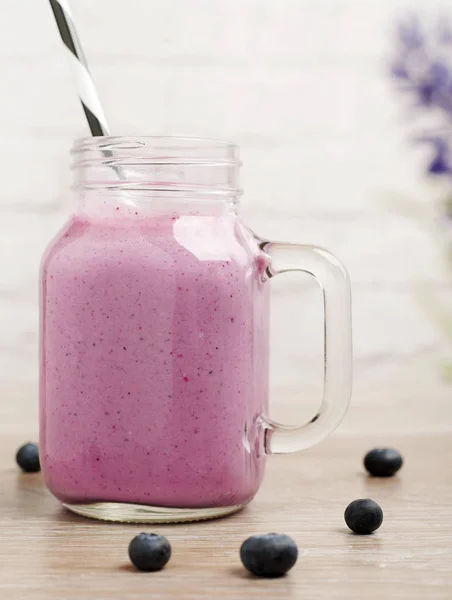Blueberries smoothie in a jar — Stock Photo, Image