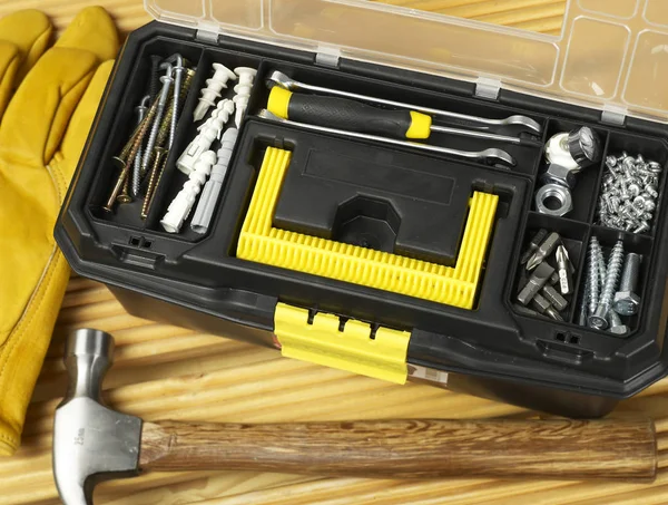 Toolbox and protection gloves — Stock Photo, Image