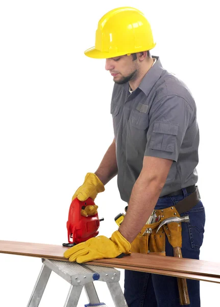 Contratista de construcción con baldosas de madera —  Fotos de Stock