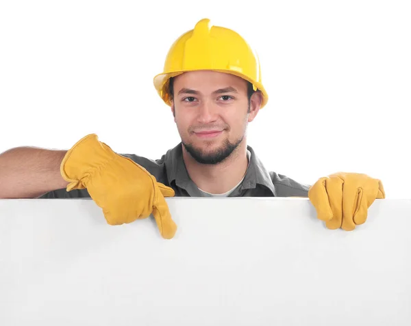 Carpintero apuntando a un signo en blanco —  Fotos de Stock