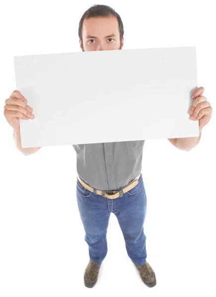 Homem segurando um sinal em branco — Fotografia de Stock