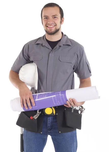 Construction worker with blueprints — Stock Photo, Image