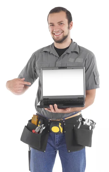 Handyman con portátil — Foto de Stock
