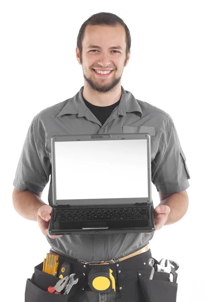 Carpenter with laptop — Stock Photo, Image