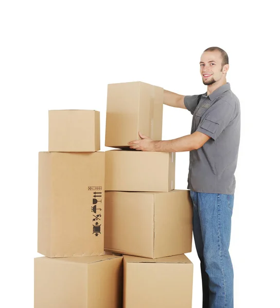Fröhlicher Heimwerker mit Schachteln — Stockfoto