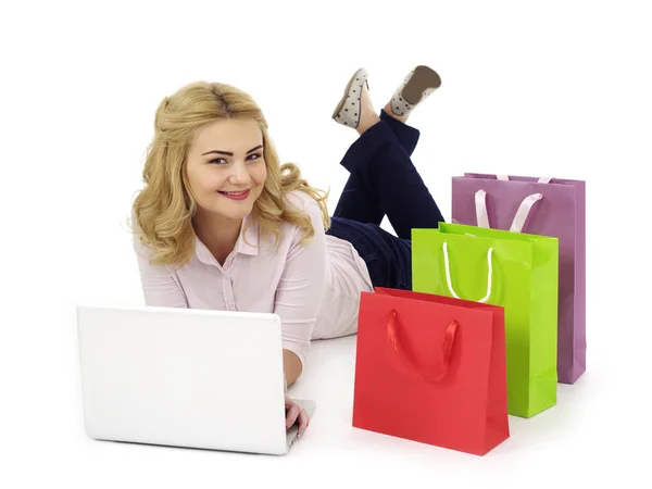 Chica entusiasta con bolsas de compras — Foto de Stock