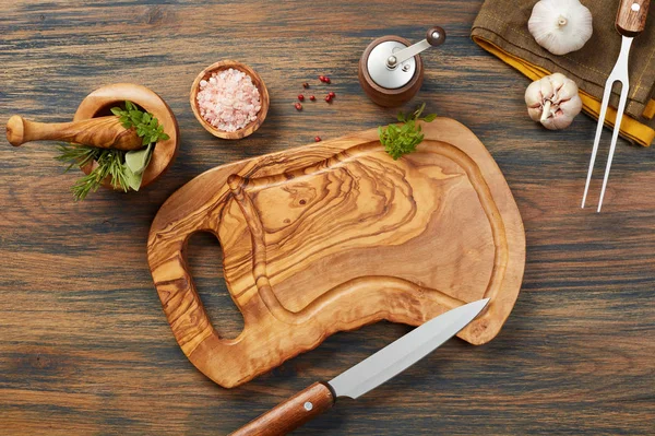 Cutting Board Silverware Ingredients Wooden Table — Stock Photo, Image