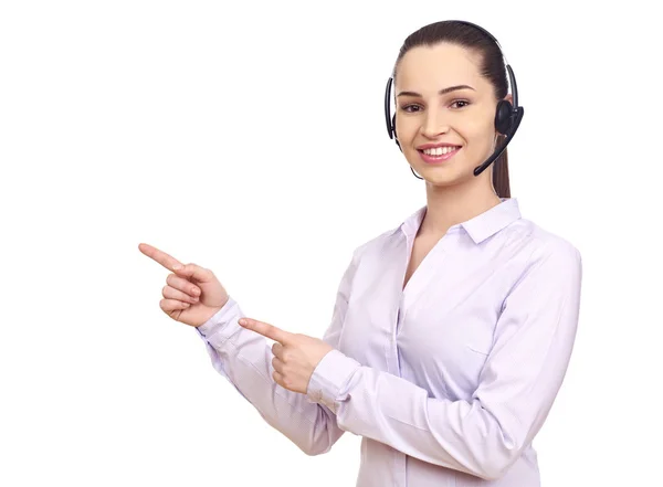 Woman with headset gesturing with hands — Stock Photo, Image