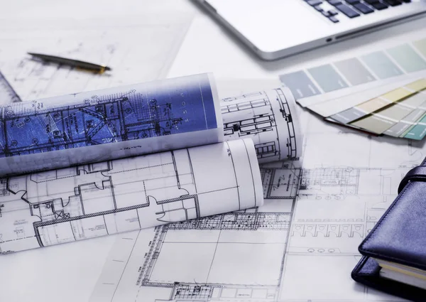 Blueprints Desk Closeup — Stock Photo, Image