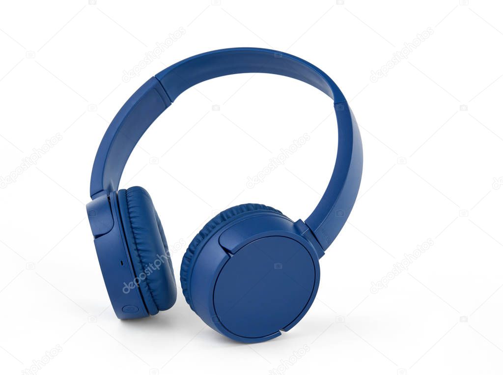 Blue modern wireless earphones on white background