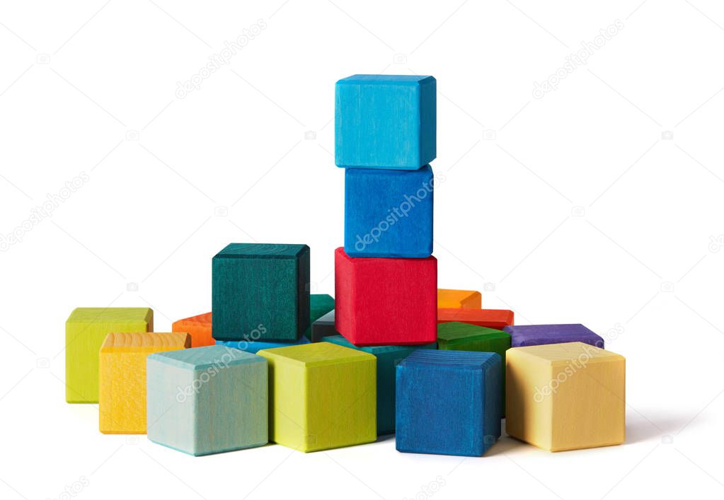 Toy blocks pyramid, multi color wooden bricks stack