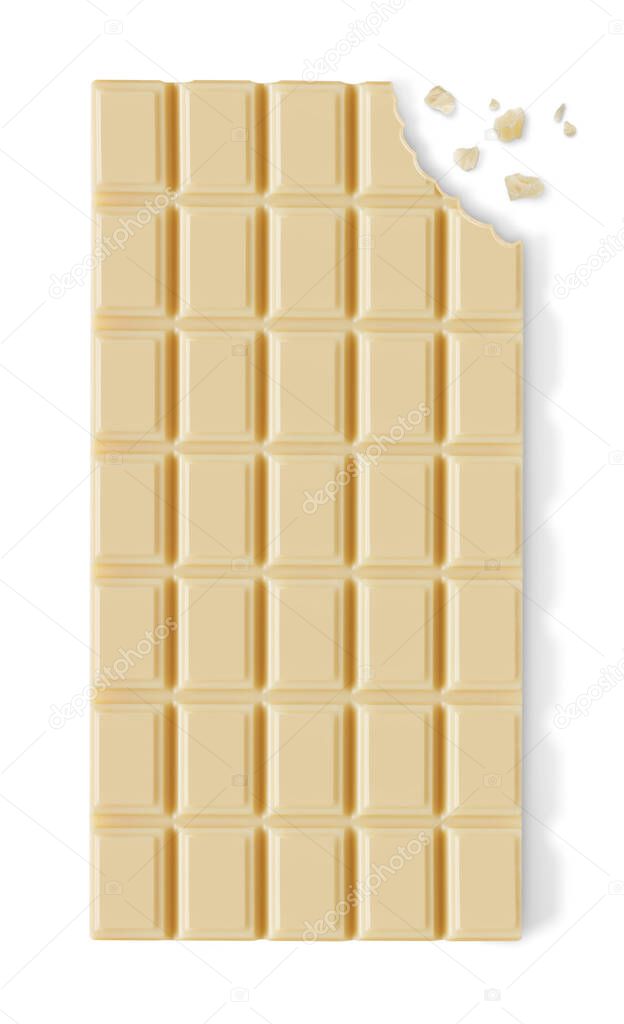 Chocolate bar with a missing bite on white background