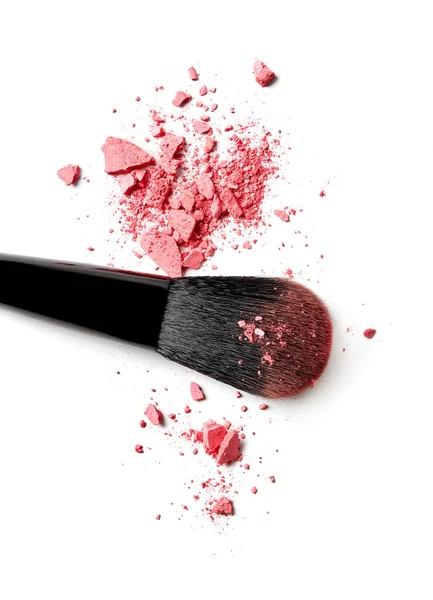 Krossad Rosa Ögonskugga Och Makeup Borste Vit Bakgrund — Stockfoto