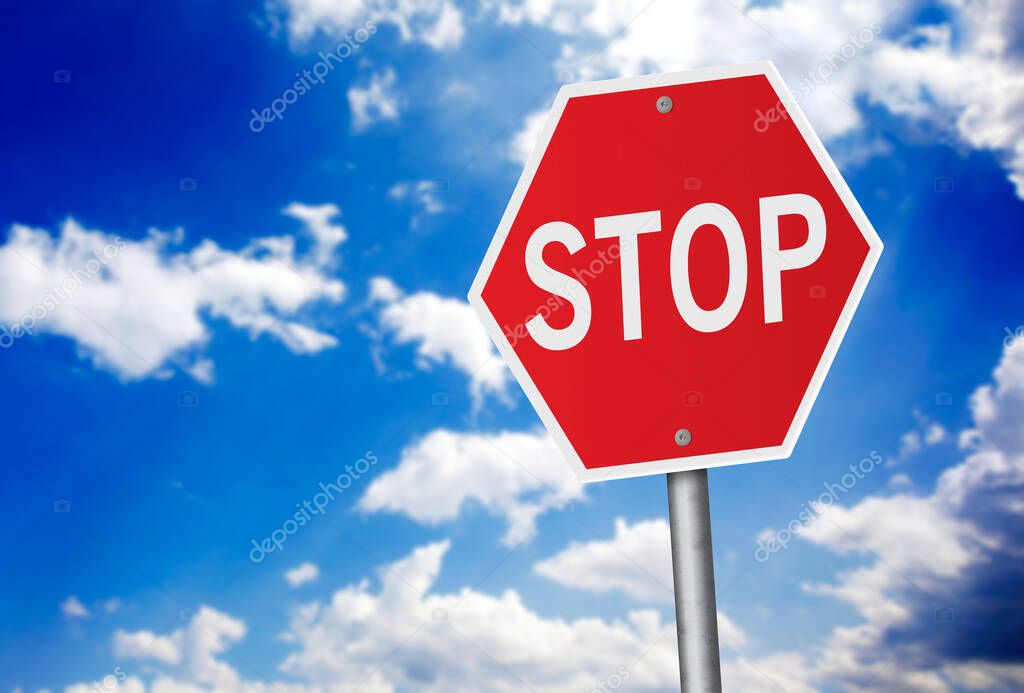 Coronavirus stop sign over blue sky