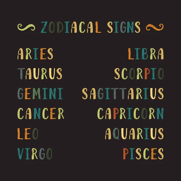 Zodiac signs names — Stock Vector