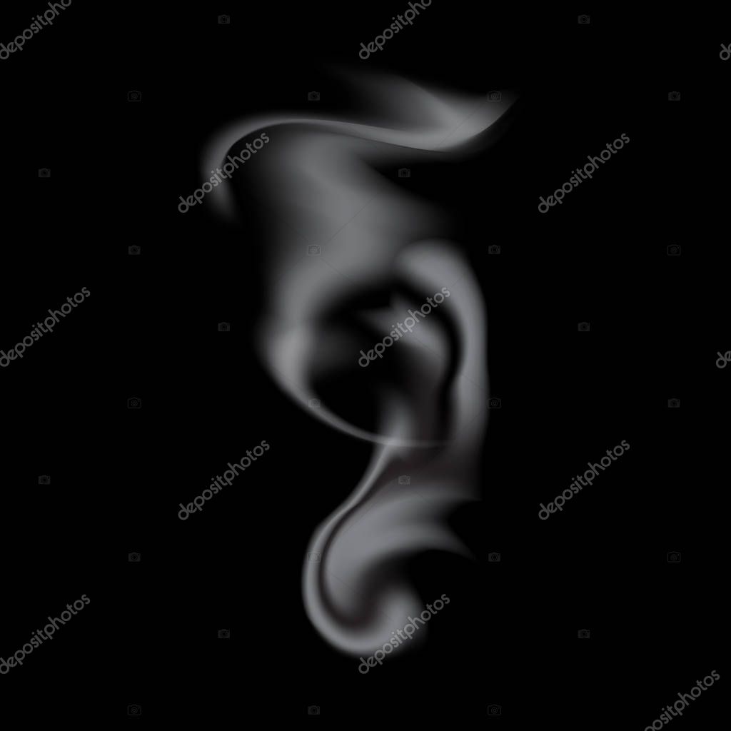Delicate white realistic cigarette smoke waves on black background. Isolated. Vector illustration.