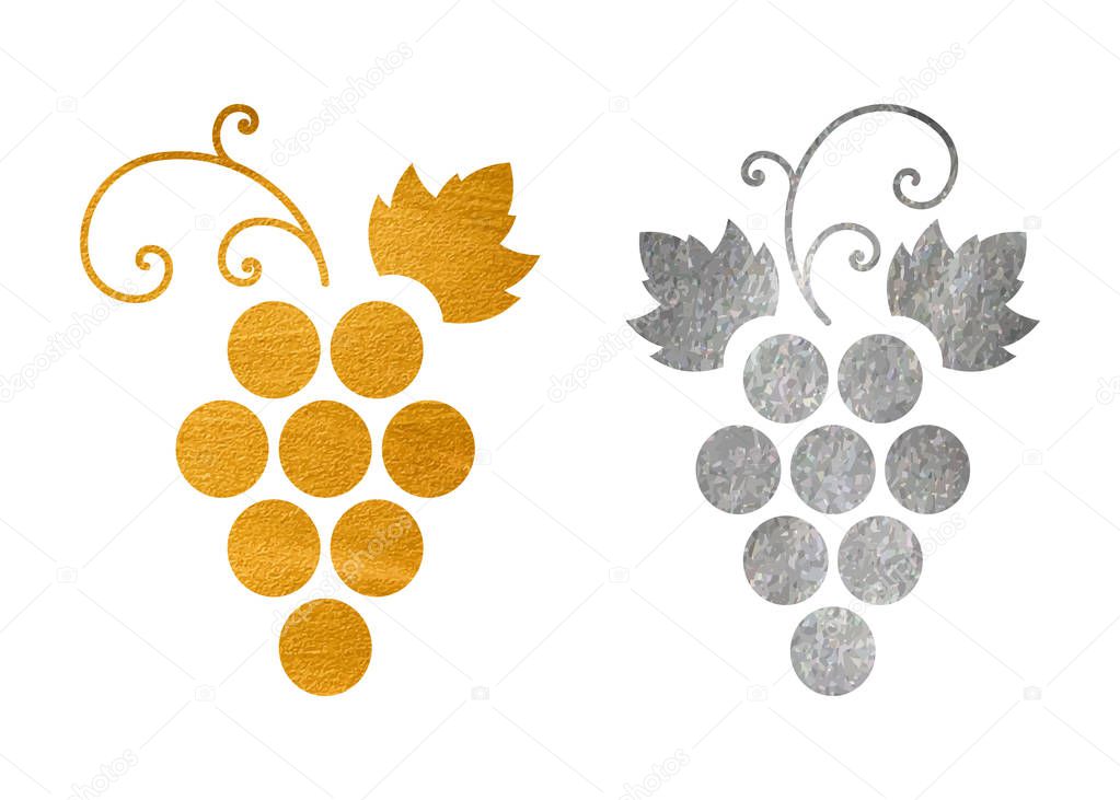 Set of silver and gold textured grapes logo. Luxury wine or vine logotype icon. Brand design element for organic wine, wine list, menu, liquor store, selling alcohol, wine company. Vector illustration