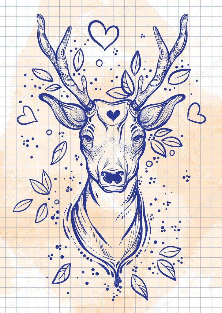 Vintage sketch style beautibul deer head. Vector art isolated. watercolor background. Ideal for print, posters, t-shirts textiles