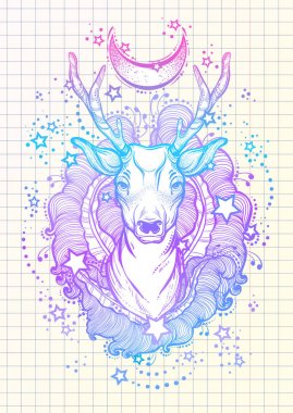 Beautiful hand-drawn tribal style deer in neon colors isolated. Vector deer head decorated with floral elements, moon and stars. Spiritual art, yoga, boho style. Ideal for print, posters, t-shirts tex clipart