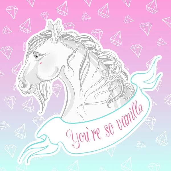 Eres tan vanilla. Ilustración vectorial realista en colores pastel. Etiqueta engomada de la cabeza del caballo de color gris estilo vainilla sobre fondo brillante azul-rosa . — Archivo Imágenes Vectoriales