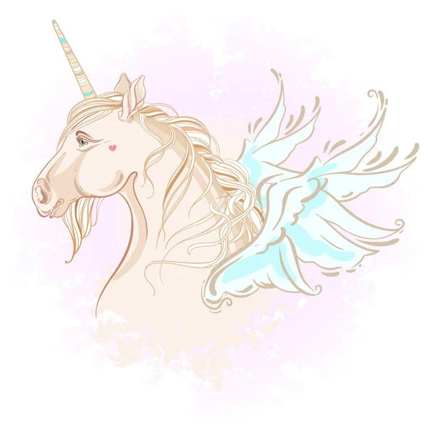 Style vanille jolie licorne avec des ailes aux couleurs pastel. Aquarelle fond rose. Illustration vectorielle de stock . — Image vectorielle