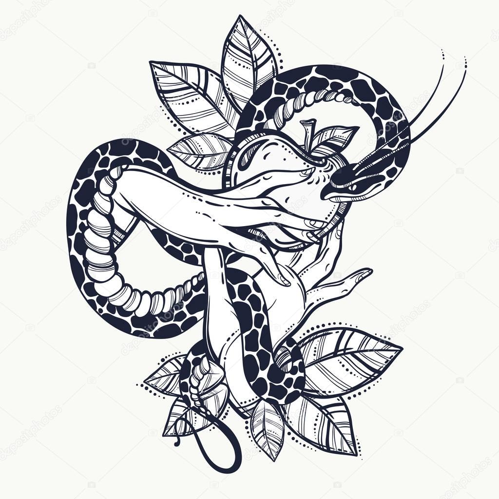 Eve's hands with forbidden fruit and snake. Hand-drawn tattoo art. Element of a Biblical story of Eve. Vintage isolated vector art