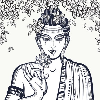 Güzel grafik Buda yüzüne Bodhi ağacı. Yüksek kaliteli vektör çizilmiş kompozisyon. Manevi ve dini motifler. Boyama kitabı sayfası yetişkinler için.